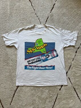 Vintage 80s Coors Light New York Graphic Tee - White with Blue & Green Print